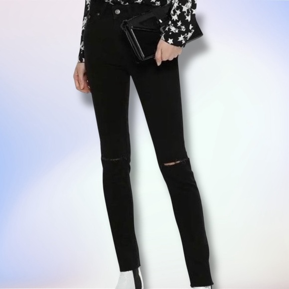 Anine Bing Black Distressed Knee Raw Hem High-Rise Skinny Jeans Size 24 - Picture 11 of 16